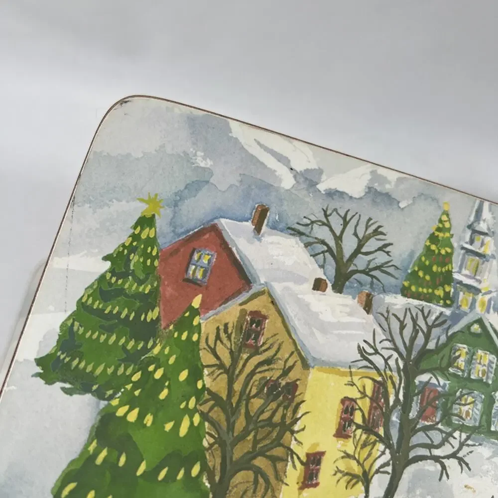 Pottery Barn Winter Village Set of 2 Christmas Placemats Cork Mat Hard Boards